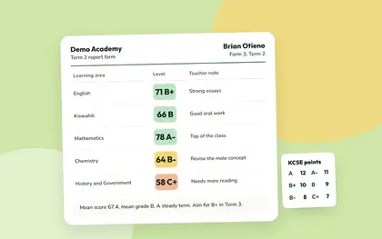 An 8-4-4 report form with marks and grades, beside a card of KCSE points