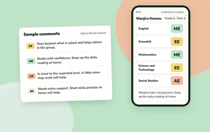 Sample teacher comments for each CBC level beside a report card on a phone