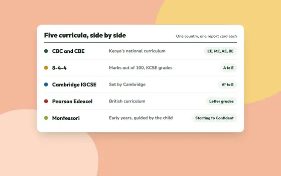 A table comparing CBC, 8-4-4, Cambridge IGCSE, Pearson Edexcel and Montessori