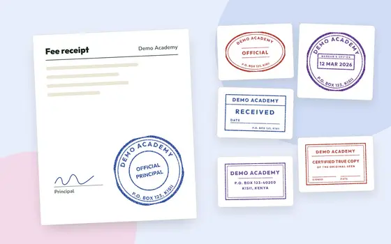 A fee receipt carrying a round blue school stamp, beside five other stamp layouts