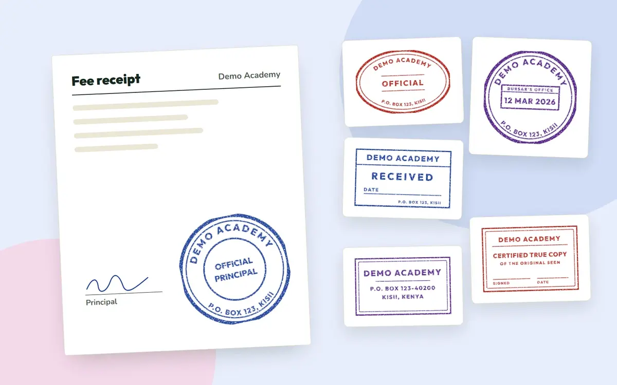 A fee receipt carrying a round blue school stamp, beside five other stamp layouts