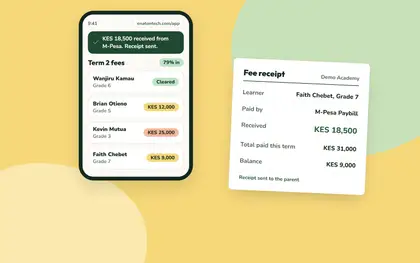 A phone showing an M-Pesa fee payment received, beside the fee receipt it produced
