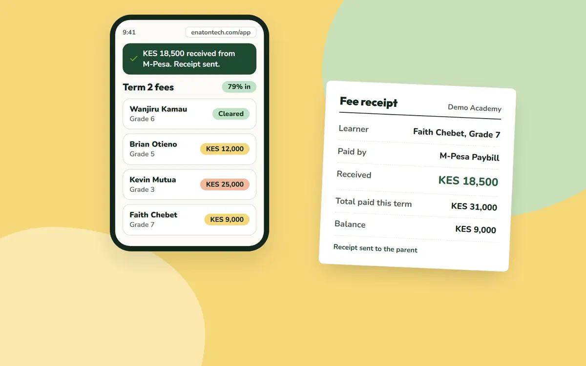 A phone showing an M-Pesa fee payment received, beside the fee receipt it produced