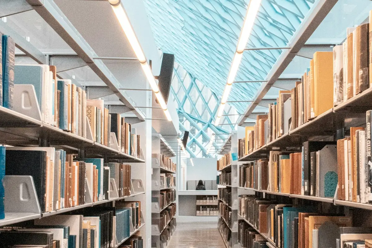 A bright library aisle with shelves of books