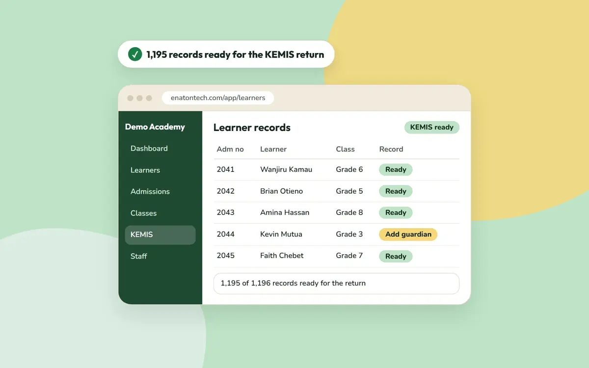 Enaton learner records table with each learner marked ready for the KEMIS return