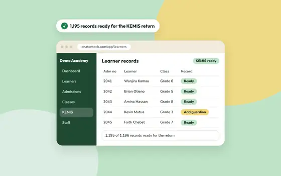 Enaton learner records table with each learner marked ready for the KEMIS return